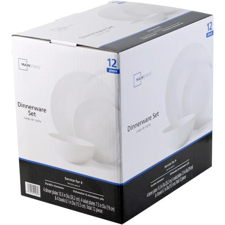 12-Piece White Stoneware Dinnerware Set – Elegant Plates & Bowls, Microwave & Dishwasher Safe Tableware for 4